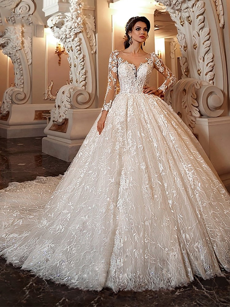 Modest White Handmade Flowers Ball Gowns Sheer Neck Jewel Wedding Dress  Custom Made Sequined Beaded Vestido De Novia - Wedding Dresses - AliExpress